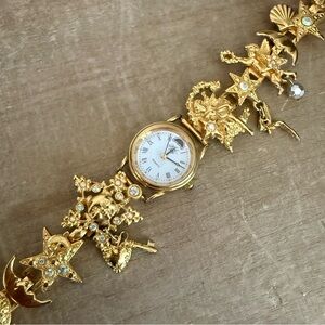 Kirk’s Folly Gold-Tone Charm Bracelet Watch – Angels, Moons & Stars